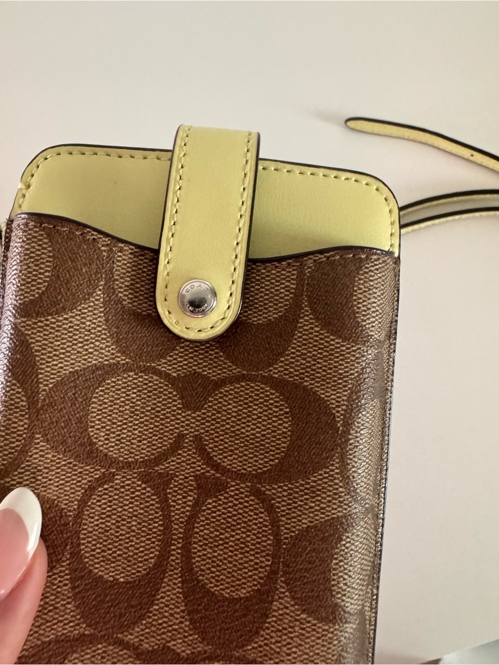 Coach Signature Brown Canvas Phone Case with Yellow Trim